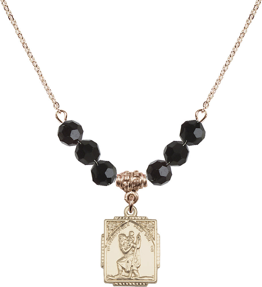 14kt Gold Filled Saint Christopher Birthstone Necklace with Jet Beads - 0804