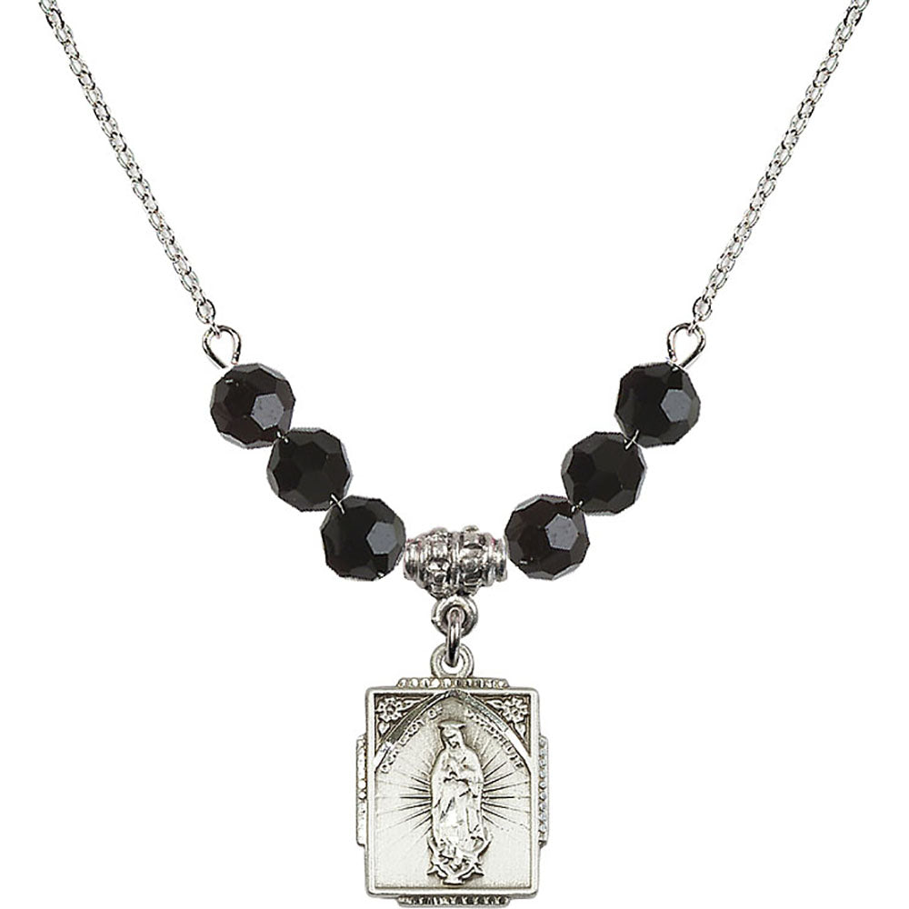 Sterling Silver Our Lady of Guadalupe Birthstone Necklace with Jet Beads - 0804