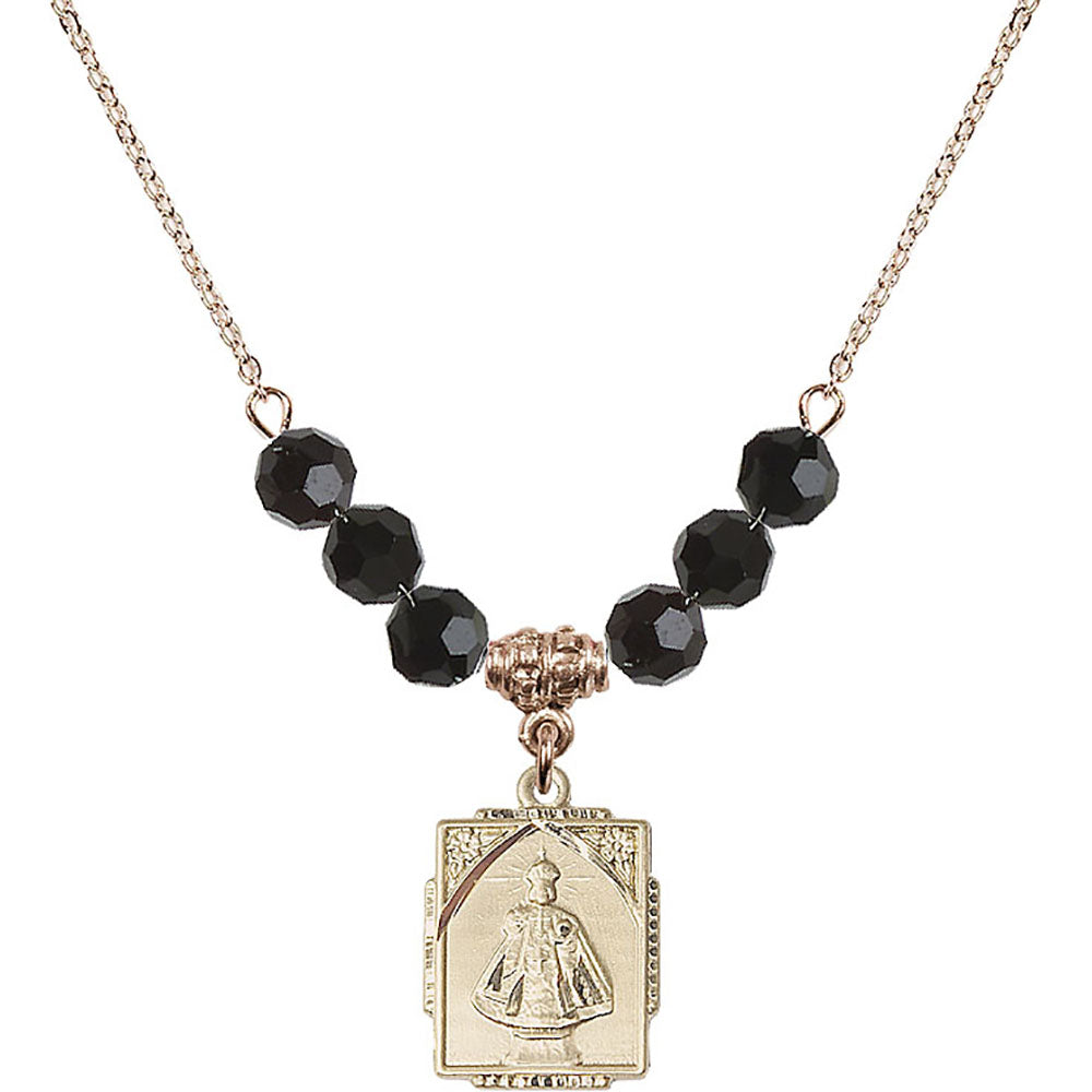 14kt Gold Filled Infant of Prague Birthstone Necklace with Jet Beads - 0804