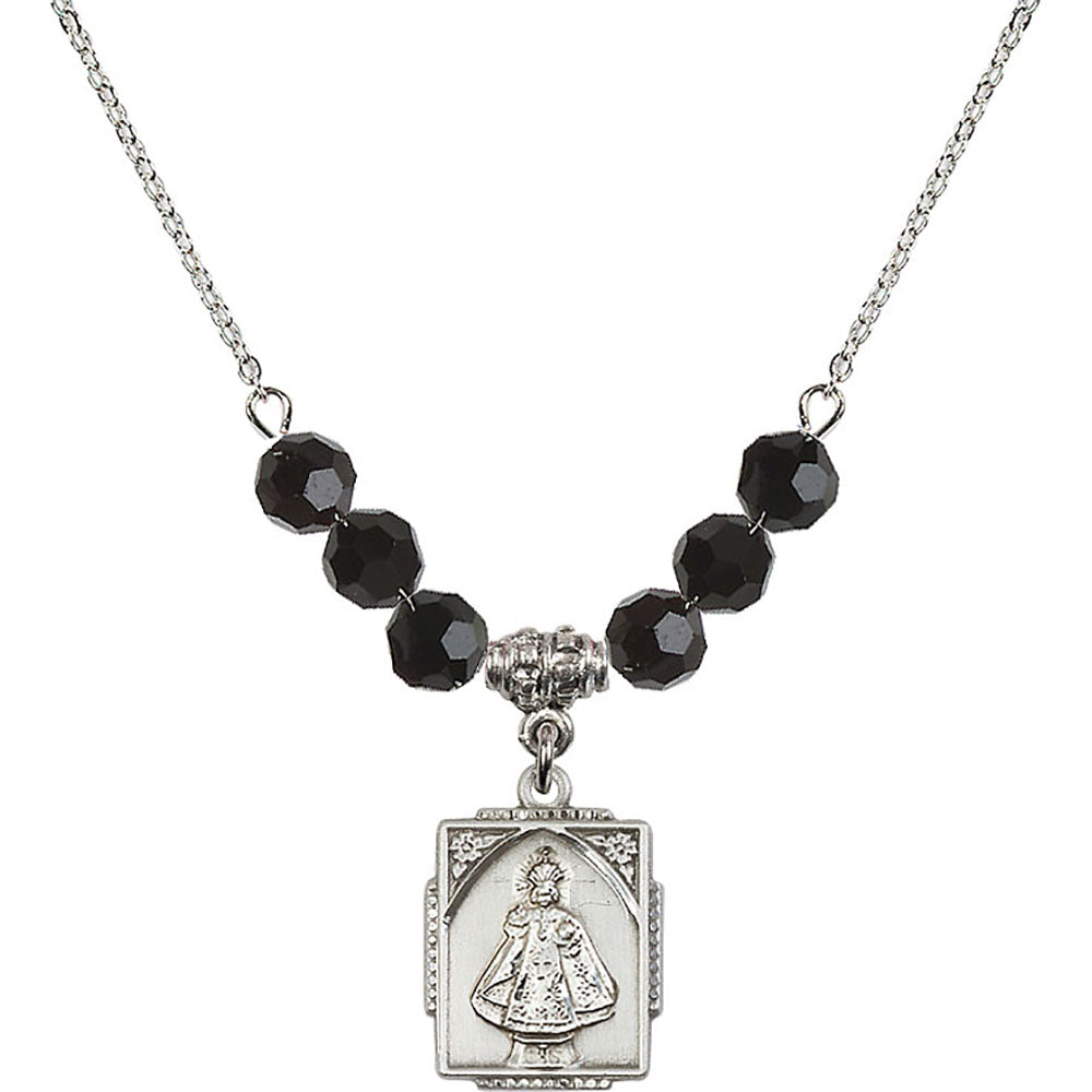 Sterling Silver Infant of Prague Birthstone Necklace with Jet Beads - 0804