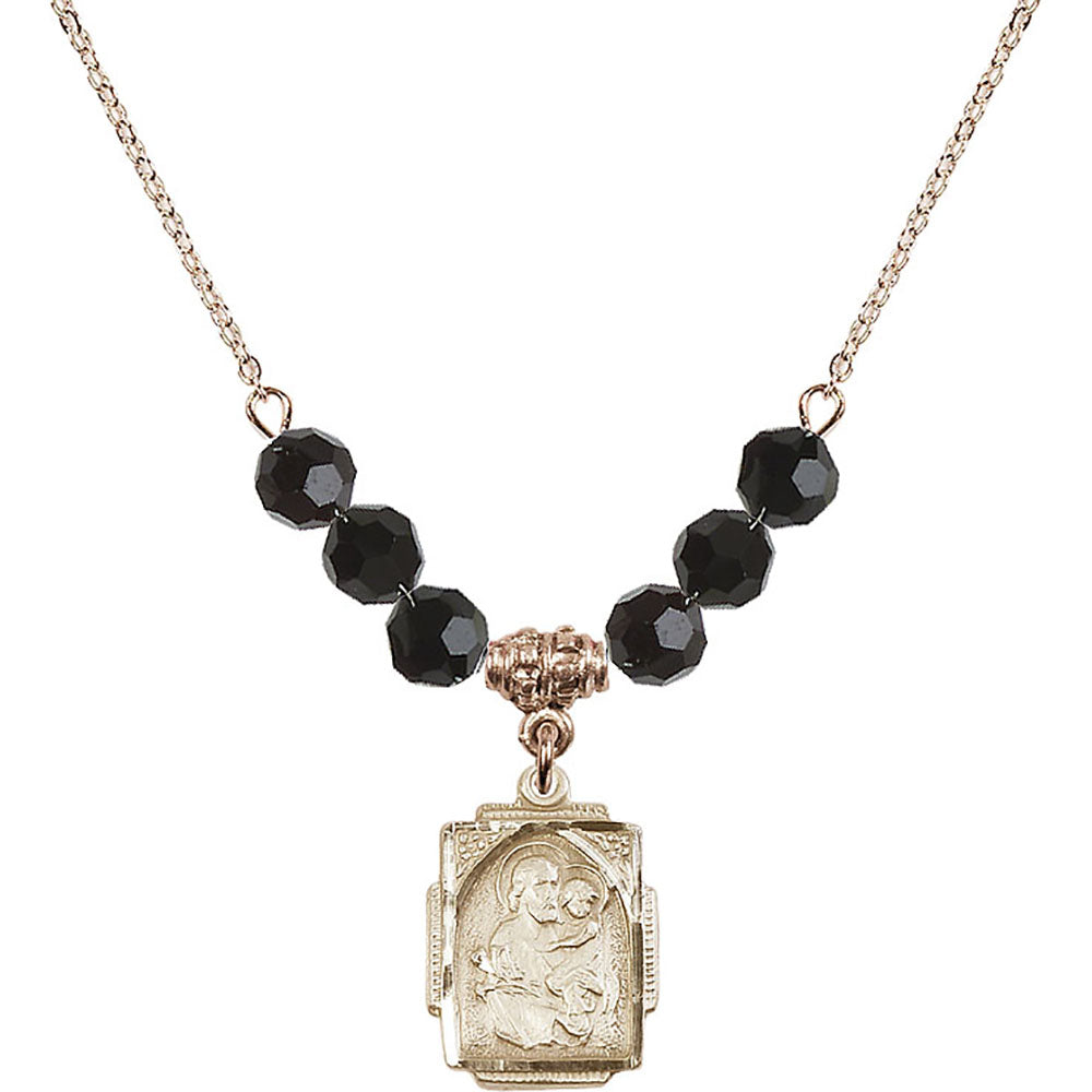 14kt Gold Filled Saint Joseph Birthstone Necklace with Jet Beads - 0804
