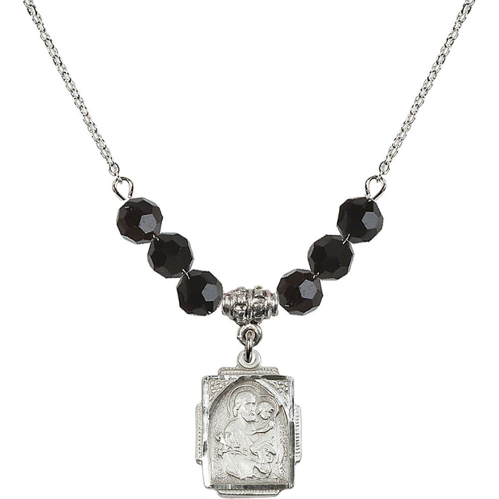 Sterling Silver Saint Joseph Birthstone Necklace with Jet Beads - 0804