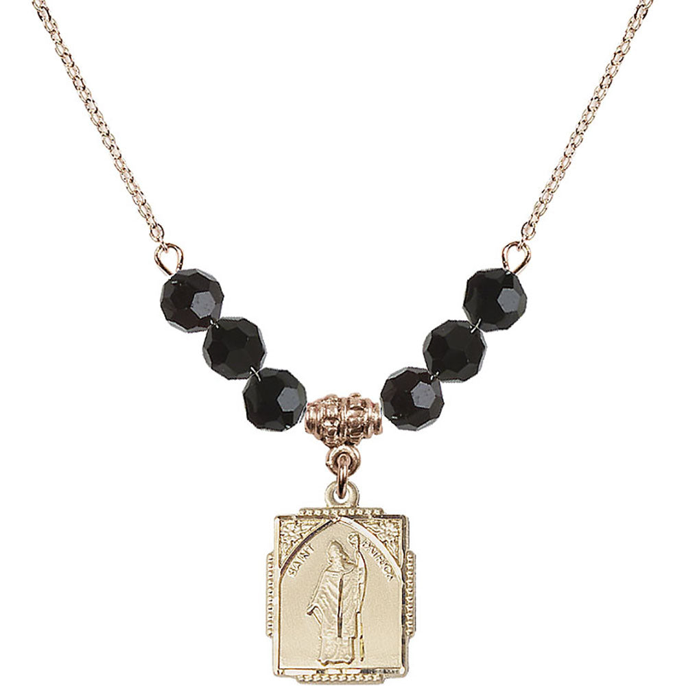 14kt Gold Filled Saint Patrick Birthstone Necklace with Jet Beads - 0804