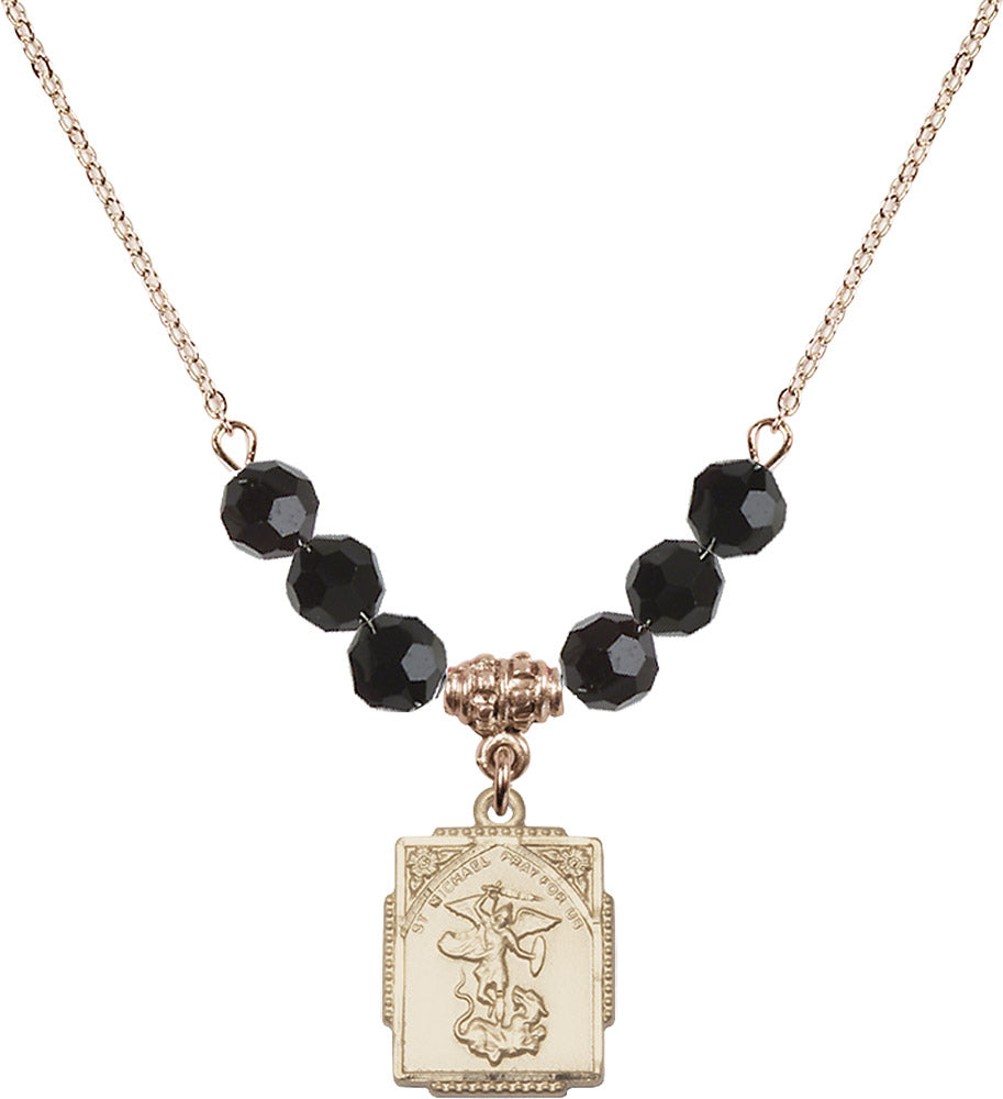 14kt Gold Filled Saint Michael the Archangel Birthstone Necklace with Jet Beads - 0804