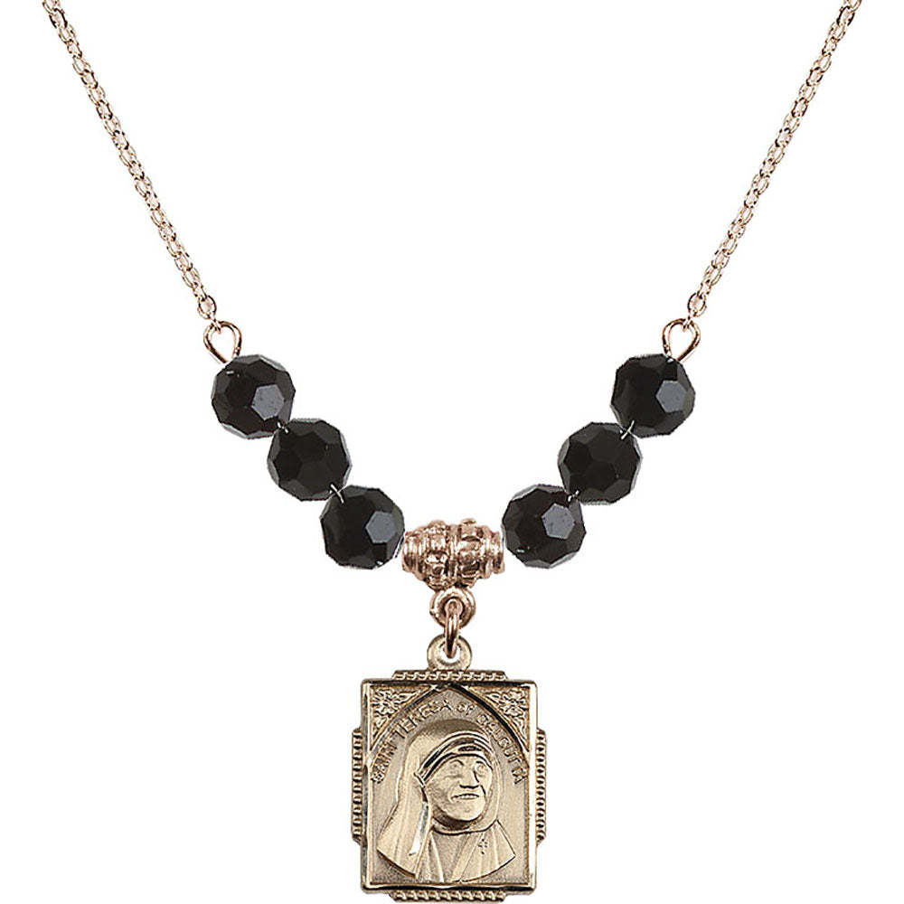 14kt Gold Filled Saint Teresa of Calcutta Birthstone Necklace with Jet Beads - 0804