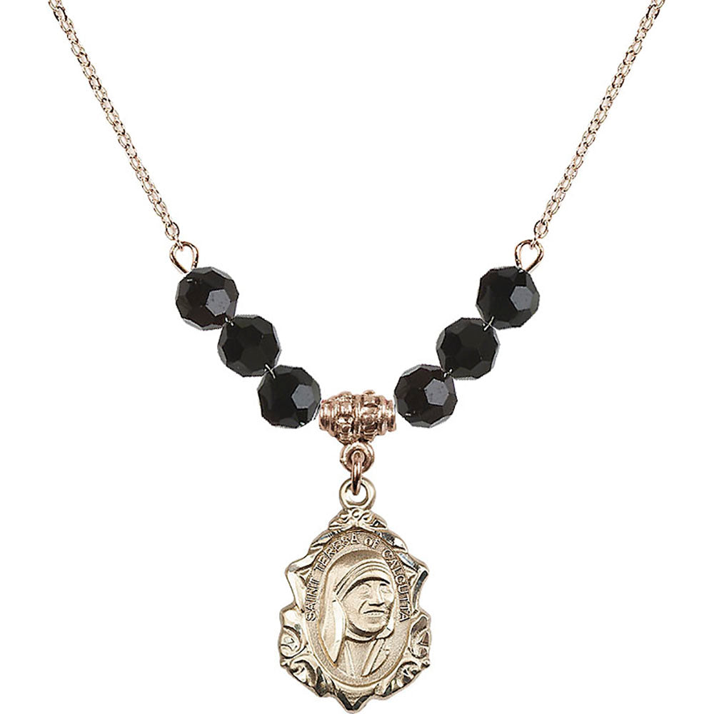 14kt Gold Filled Saint Teresa of Calcutta Birthstone Necklace with Jet Beads - 0812