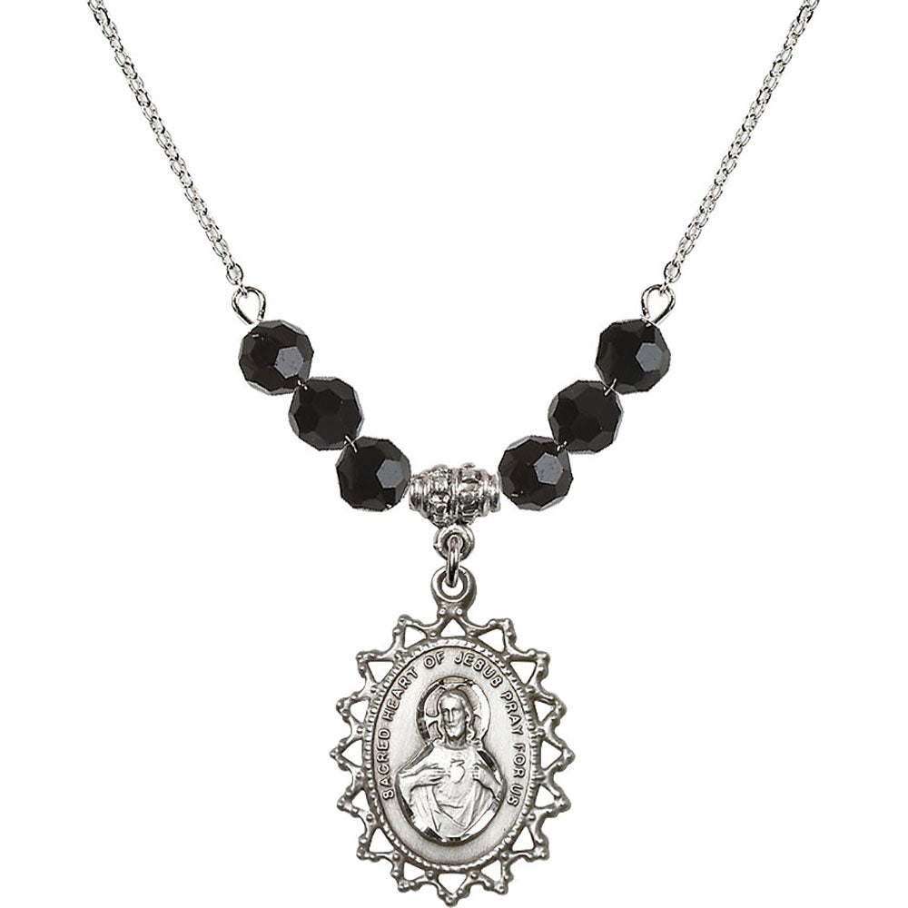 Sterling Silver Scapular Birthstone Necklace with Jet Beads - 1619