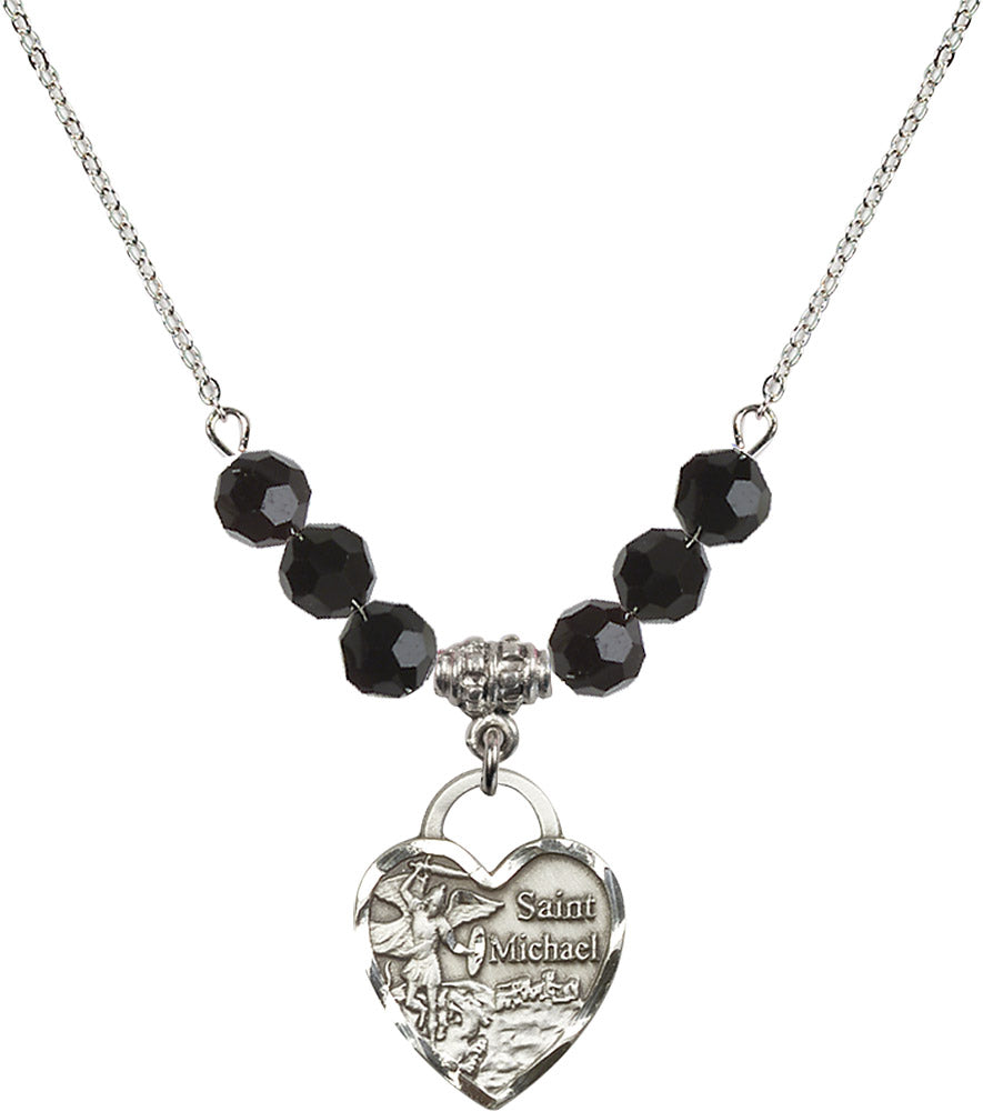 Sterling Silver Saint Michael the Archangel Birthstone Necklace with Jet Beads - 3203