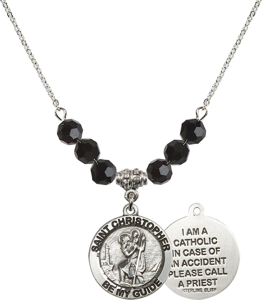 Sterling Silver Saint Christopher Birthstone Necklace with Jet Beads - 4049
