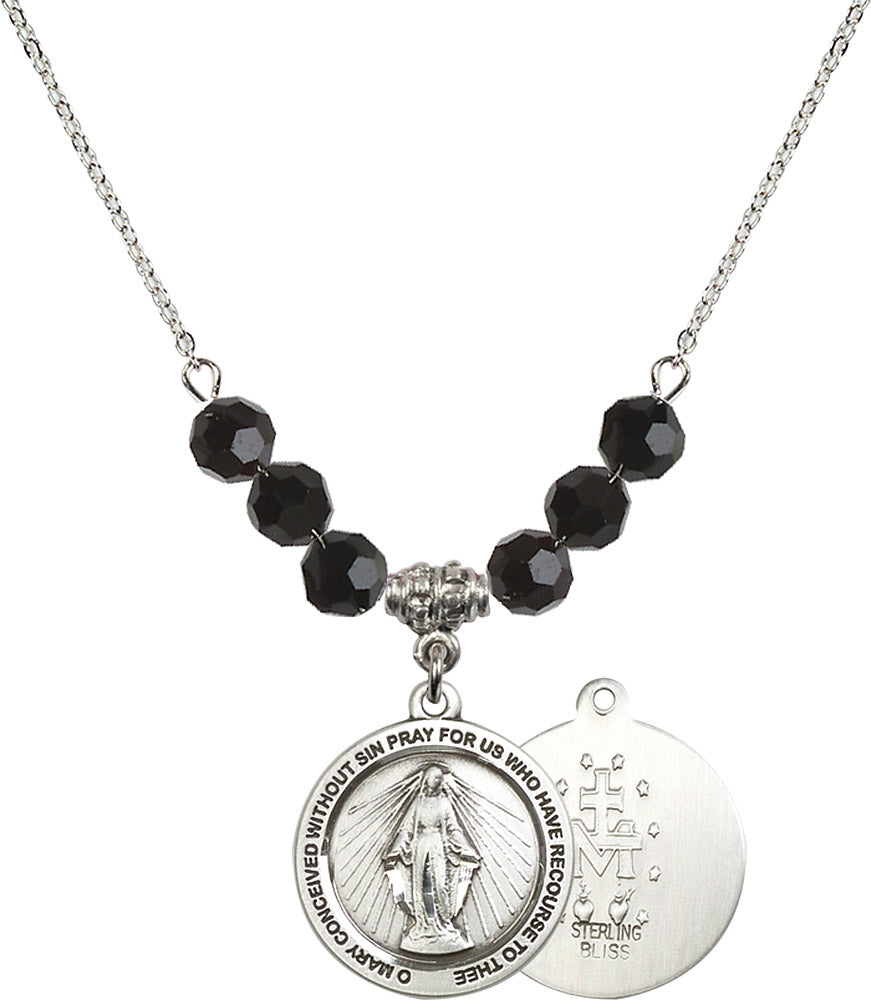 Sterling Silver Miraculous Birthstone Necklace with Jet Beads - 4056