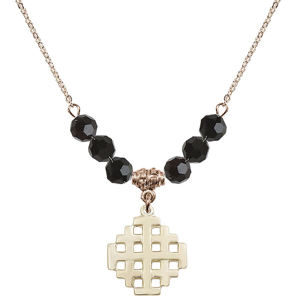 14kt Gold Filled Jerusalem Cross Birthstone Necklace with Jet Beads - 4139