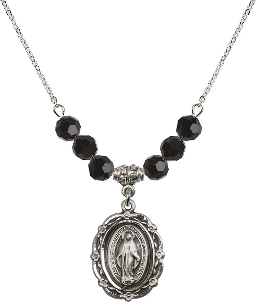 Sterling Silver Miraculous Birthstone Necklace with Jet Beads - 4146