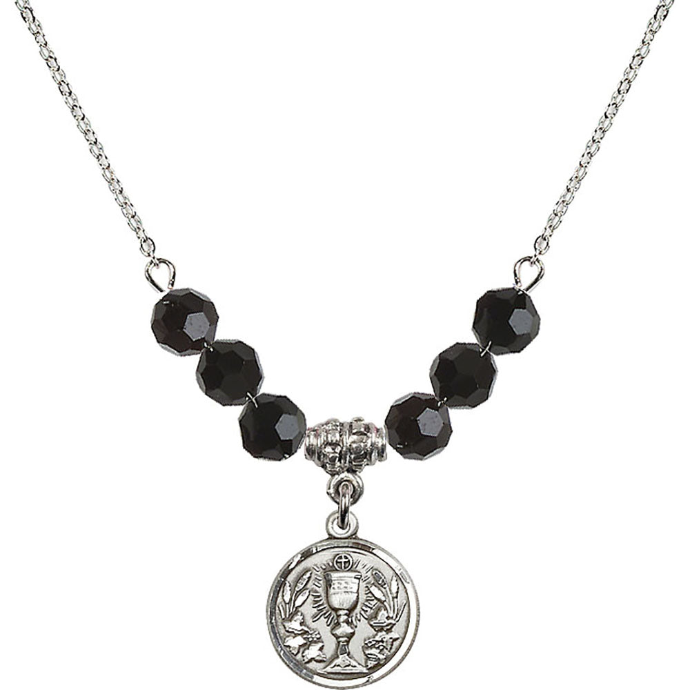 Sterling Silver Communion Chalice Birthstone Necklace with Jet Beads - 4203