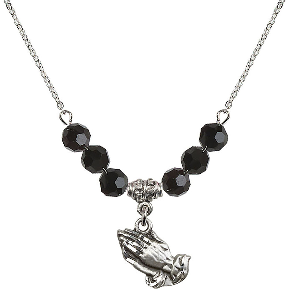 Sterling Silver Praying Hands Birthstone Necklace with Jet Beads - 4219