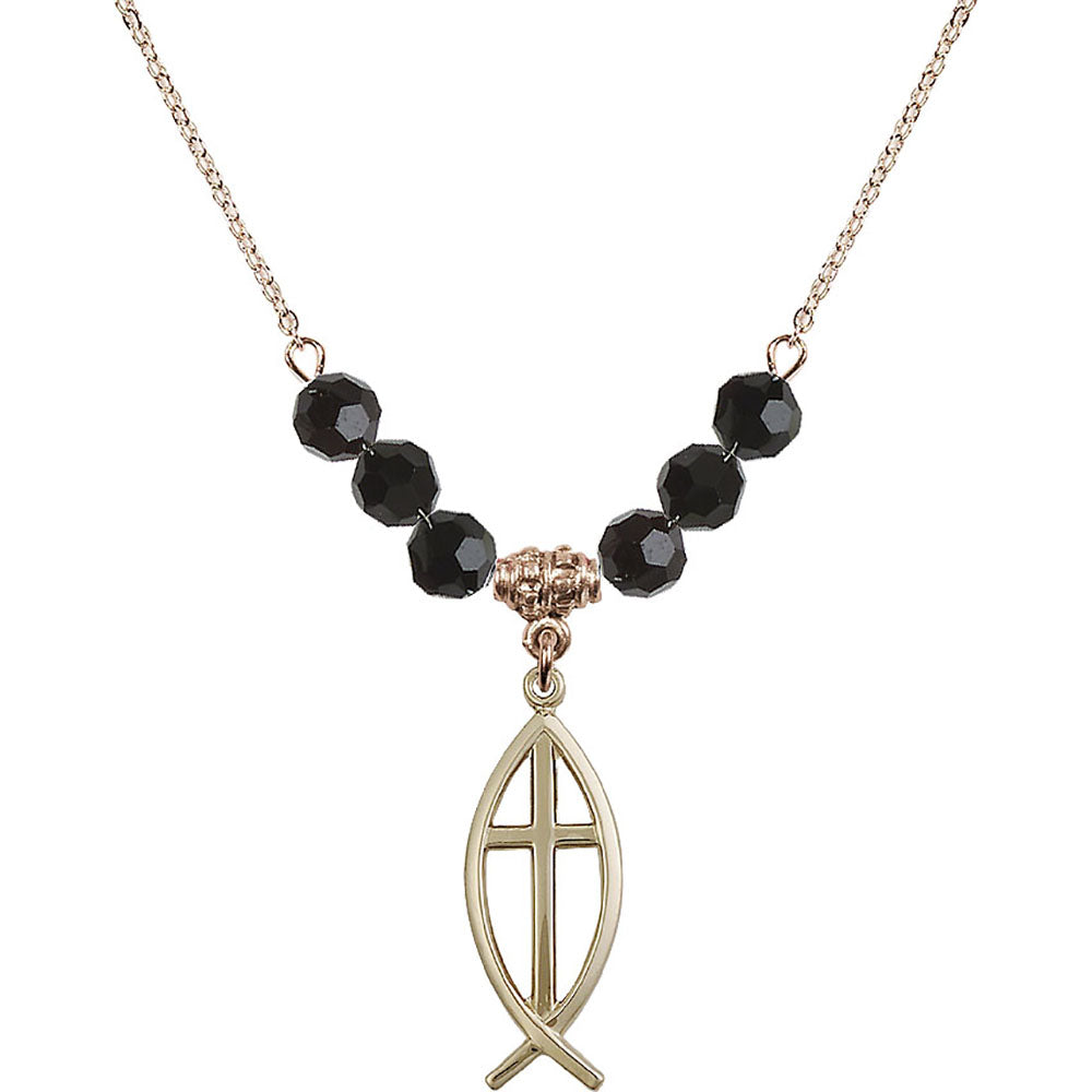 14kt Gold Filled Fish / Cross Birthstone Necklace with Jet Beads - 4252