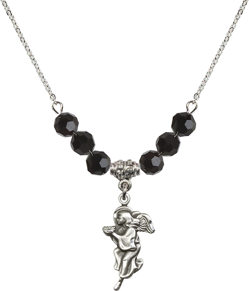 Sterling Silver Guardian Angel Birthstone Necklace with Jet Beads - 4260