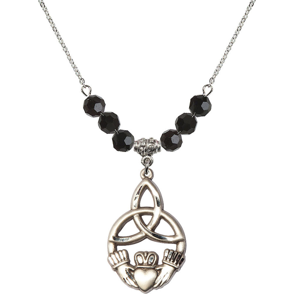 Sterling Silver Irish Knot / Claddagh Birthstone Necklace with Jet Beads - 5102