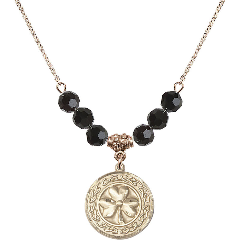 14kt Gold Filled Shamrock w/ Celtic Border Birthstone Necklace with Jet Beads - 5106
