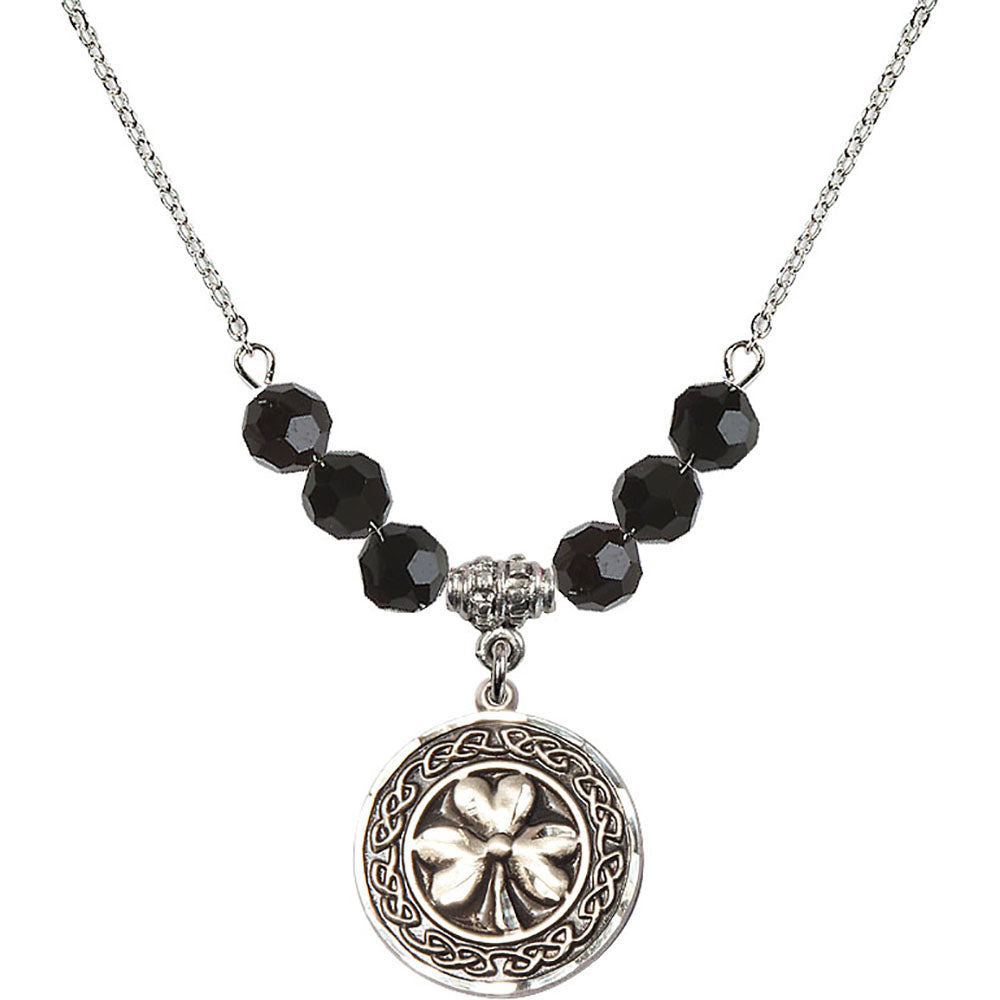 Sterling Silver Shamrock w/ Celtic Border Birthstone Necklace with Jet Beads - 5106