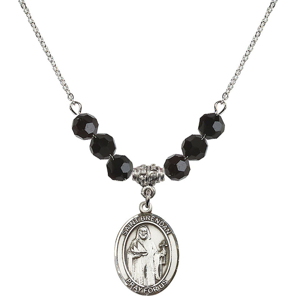 Sterling Silver Saint Brendan the Navigator Birthstone Necklace with Jet Beads - 8018