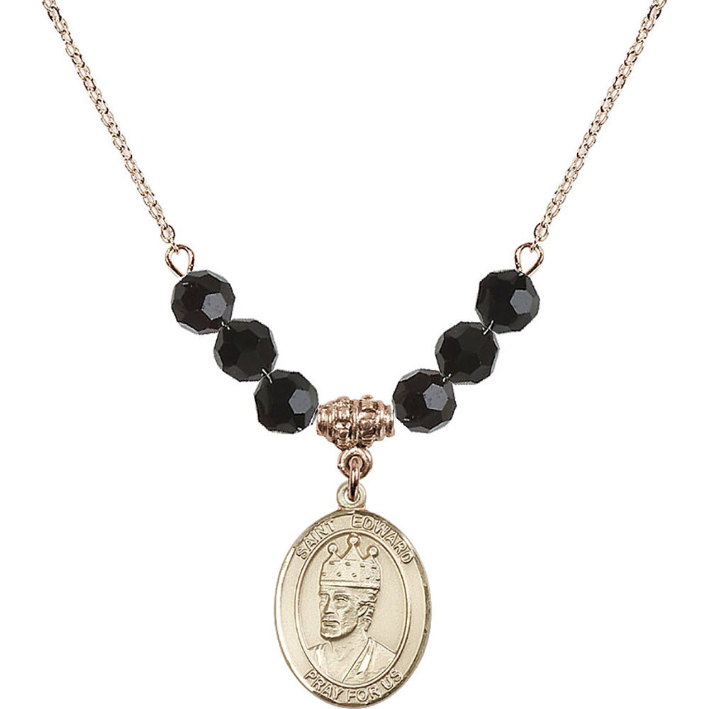 14kt Gold Filled Saint Edward the Confessor Birthstone Necklace with Jet Beads - 8026
