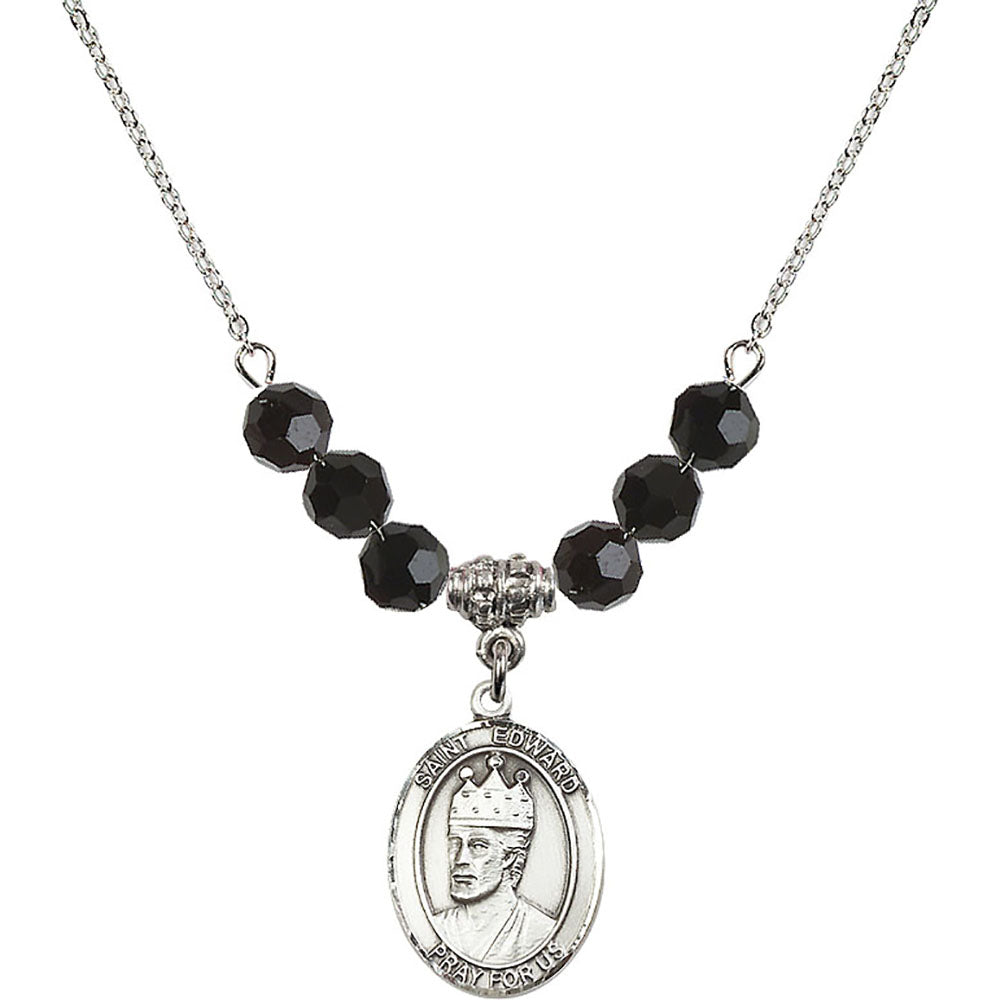 Sterling Silver Saint Edward the Confessor Birthstone Necklace with Jet Beads - 8026
