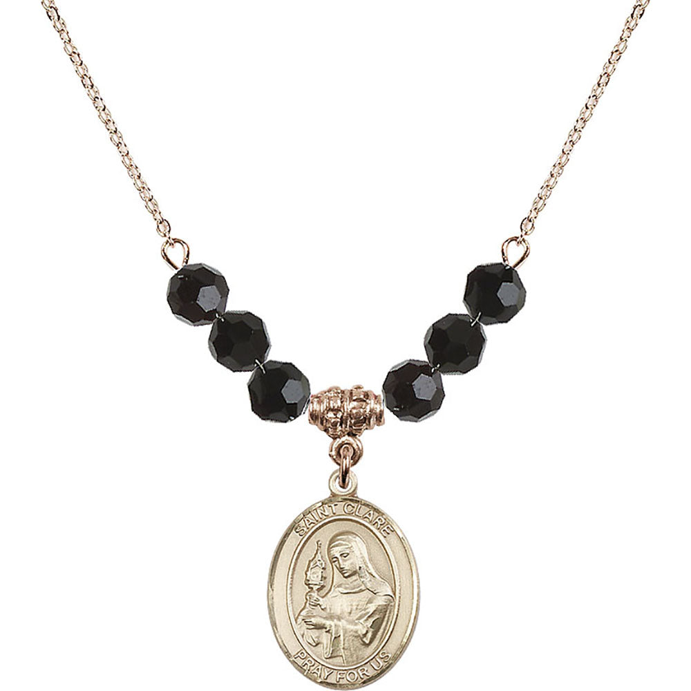 14kt Gold Filled Saint Clare of Assisi Birthstone Necklace with Jet Beads - 8028