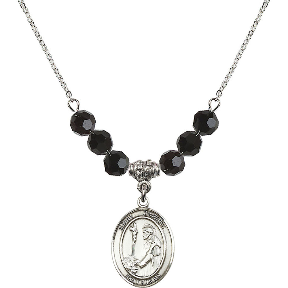 Sterling Silver Saint Dominic de Guzman Birthstone Necklace with Jet Beads - 8030