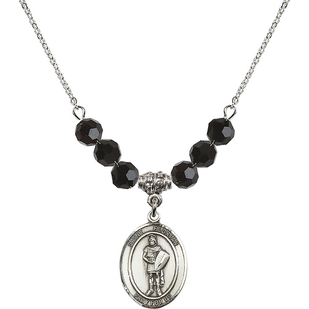 Sterling Silver Saint Florian Birthstone Necklace with Jet Beads - 8034