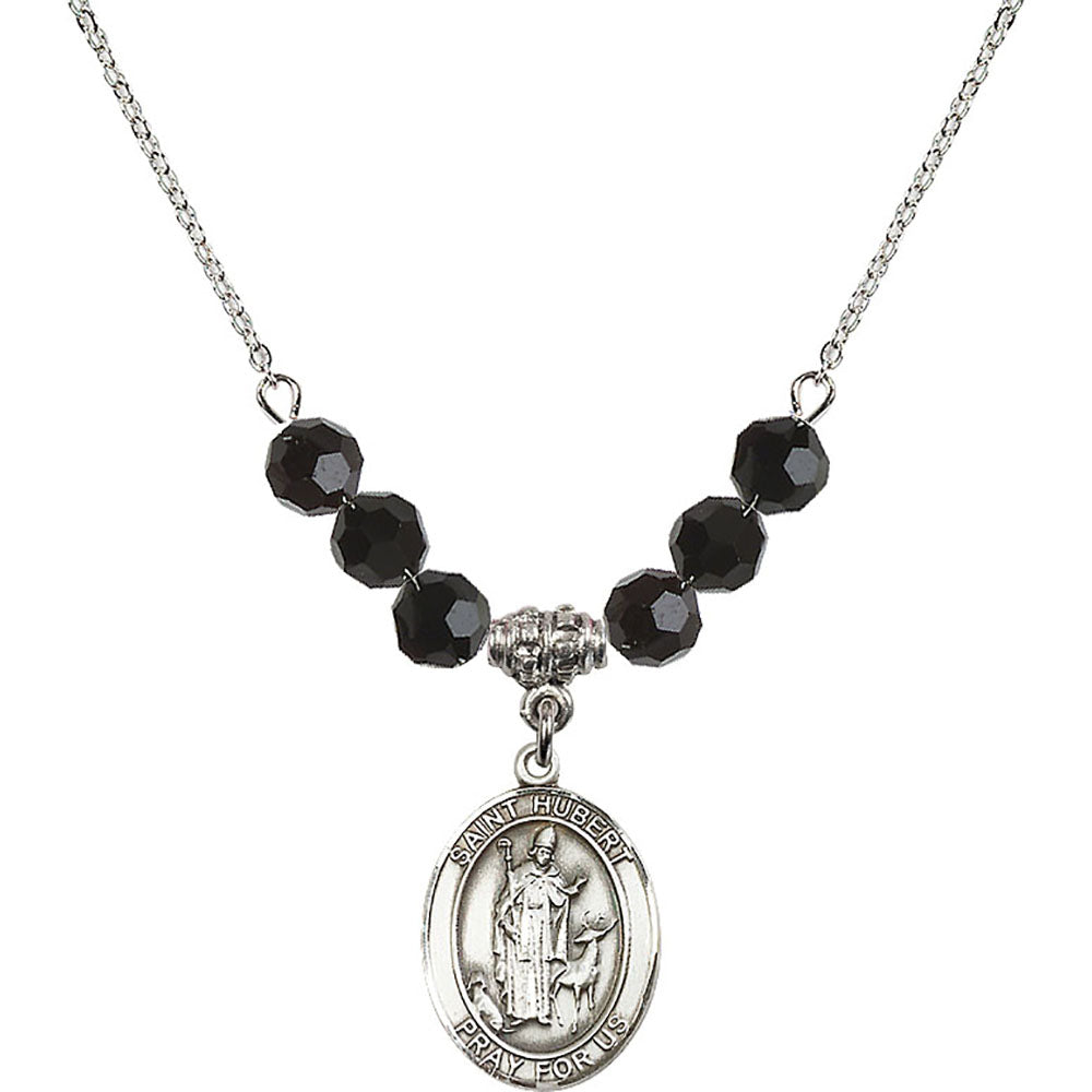 Sterling Silver Saint Hubert of Liege Birthstone Necklace with Jet Beads - 8045