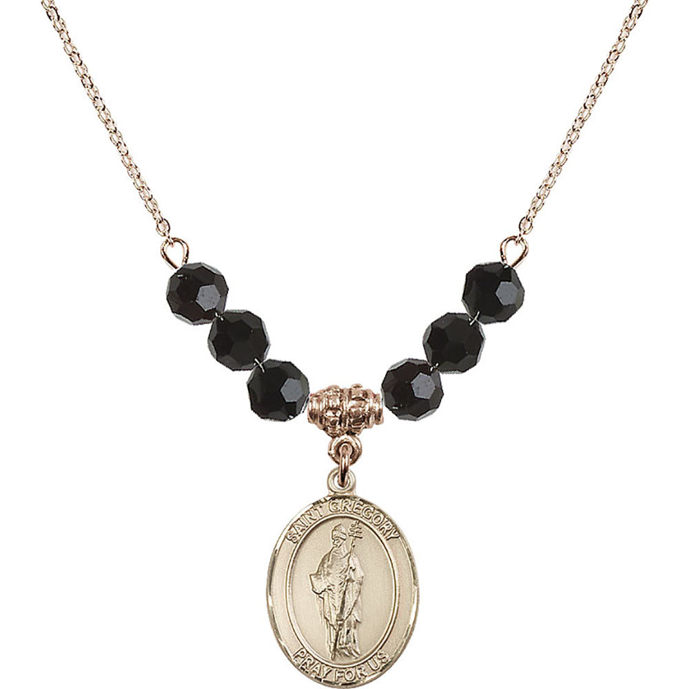14kt Gold Filled Saint Gregory the Great Birthstone Necklace with Jet Beads - 8048