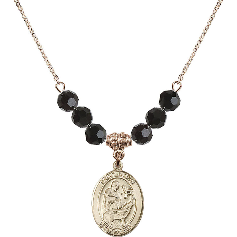 14kt Gold Filled Saint Jason Birthstone Necklace with Jet Beads - 8051