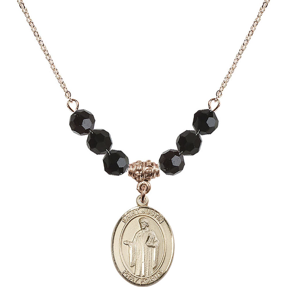 14kt Gold Filled Saint Justin Birthstone Necklace with Jet Beads - 8052