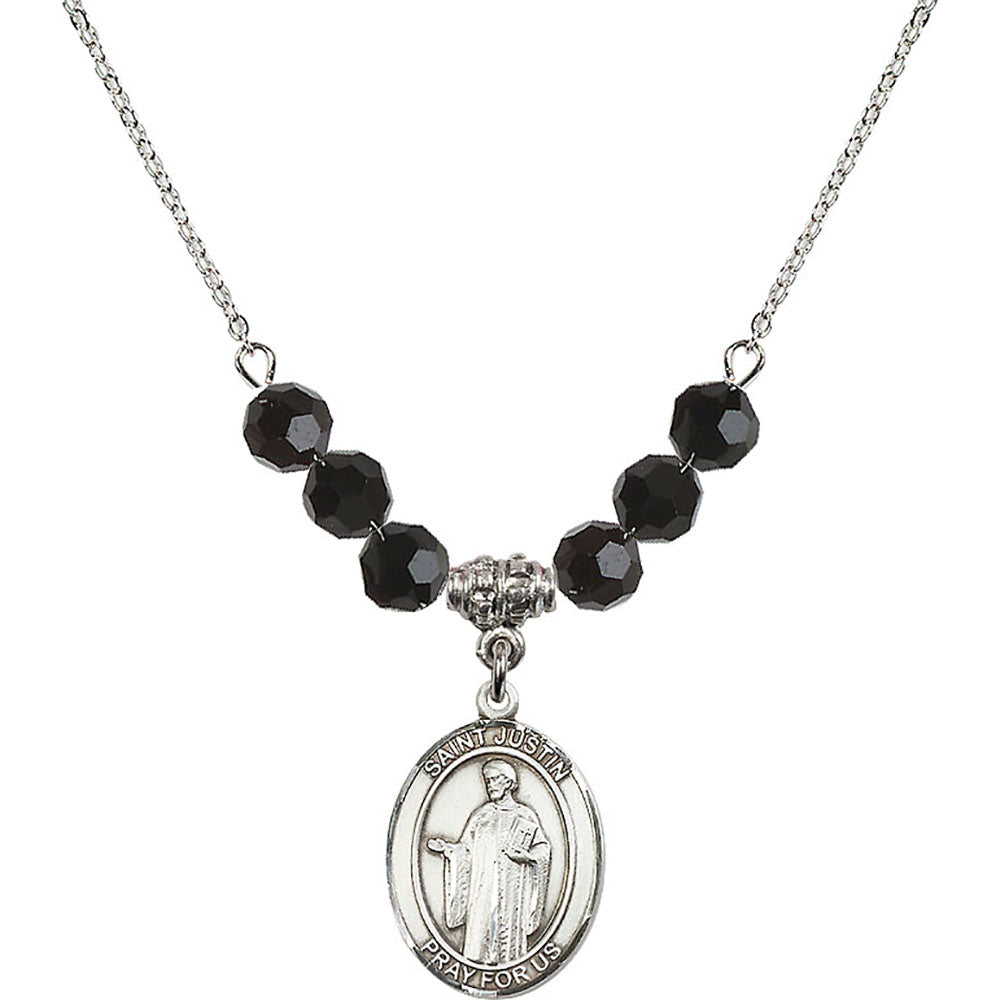 Sterling Silver Saint Justin Birthstone Necklace with Jet Beads - 8052
