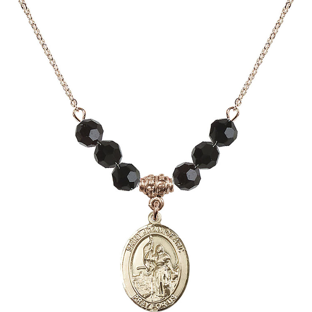 14kt Gold Filled Saint Joan of Arc Birthstone Necklace with Jet Beads - 8053