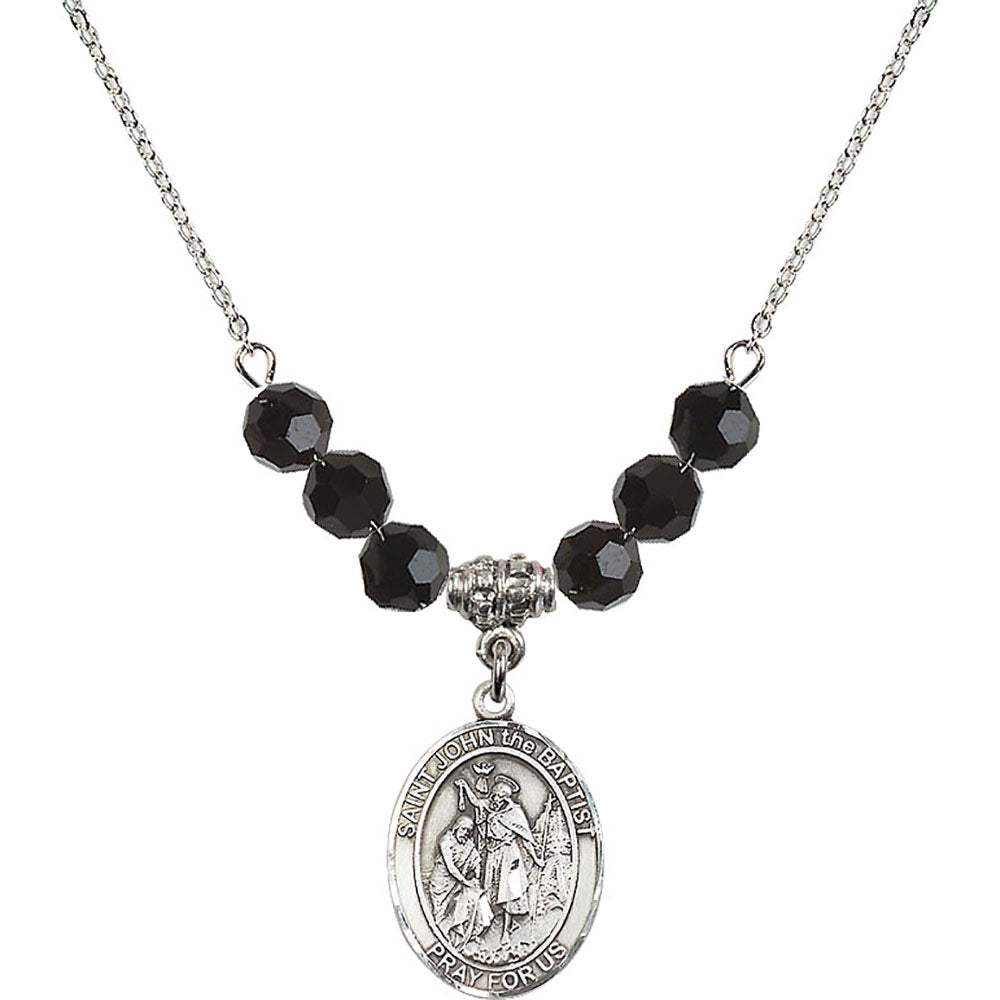 Sterling Silver Saint John the Baptist Birthstone Necklace with Jet Beads - 8054