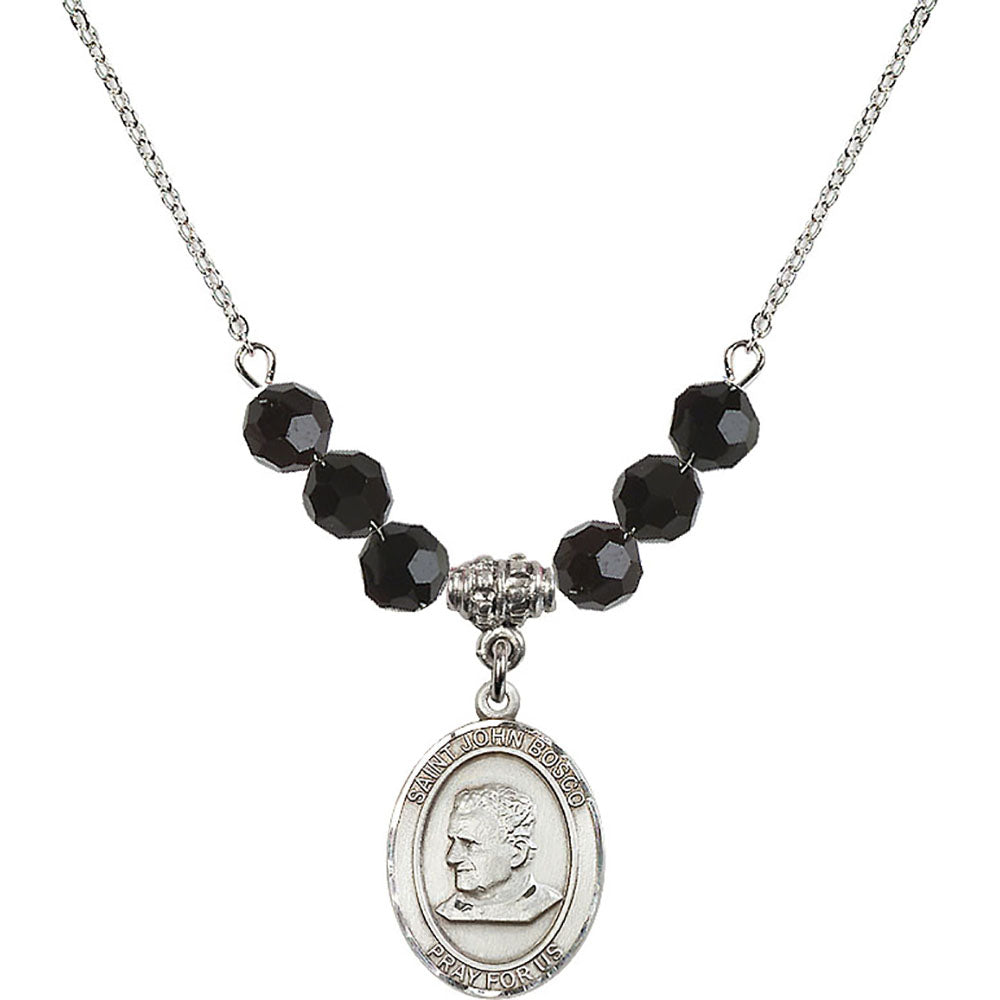Sterling Silver Saint John Bosco Birthstone Necklace with Jet Beads - 8055