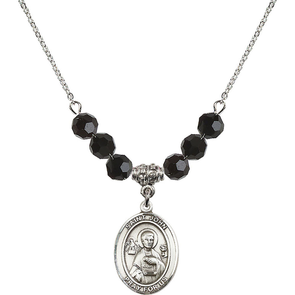 Sterling Silver Saint John the Apostle Birthstone Necklace with Jet Beads - 8056