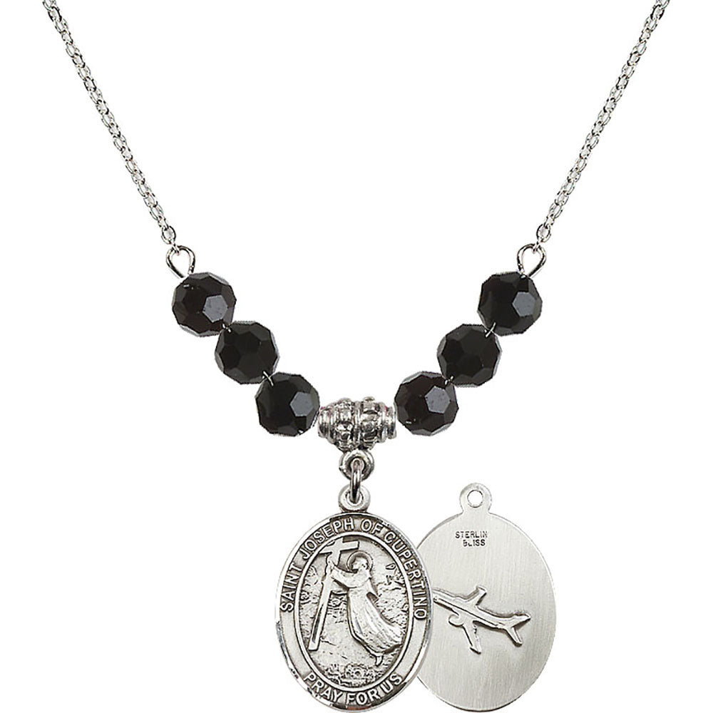 Sterling Silver Saint Joseph of Cupertino Birthstone Necklace with Jet Beads - 8057