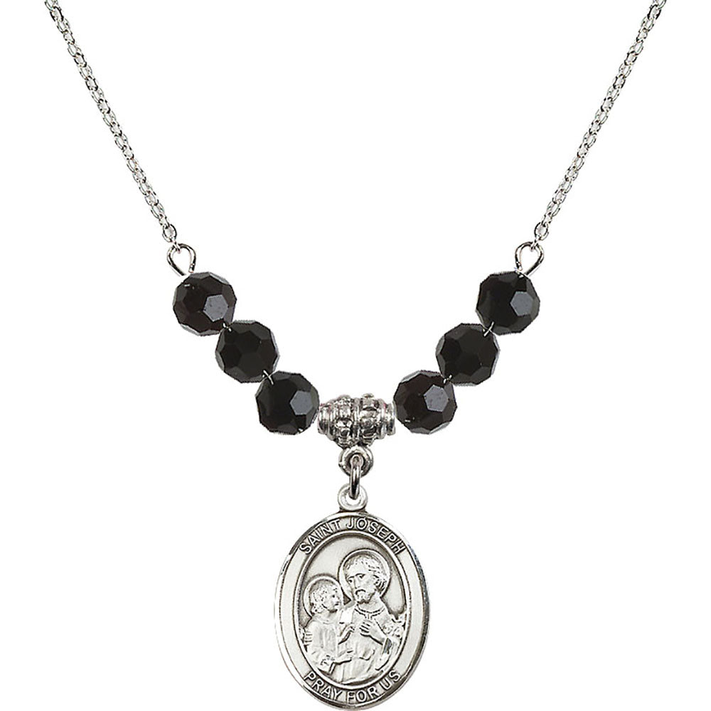Sterling Silver Saint Joseph Birthstone Necklace with Jet Beads - 8058