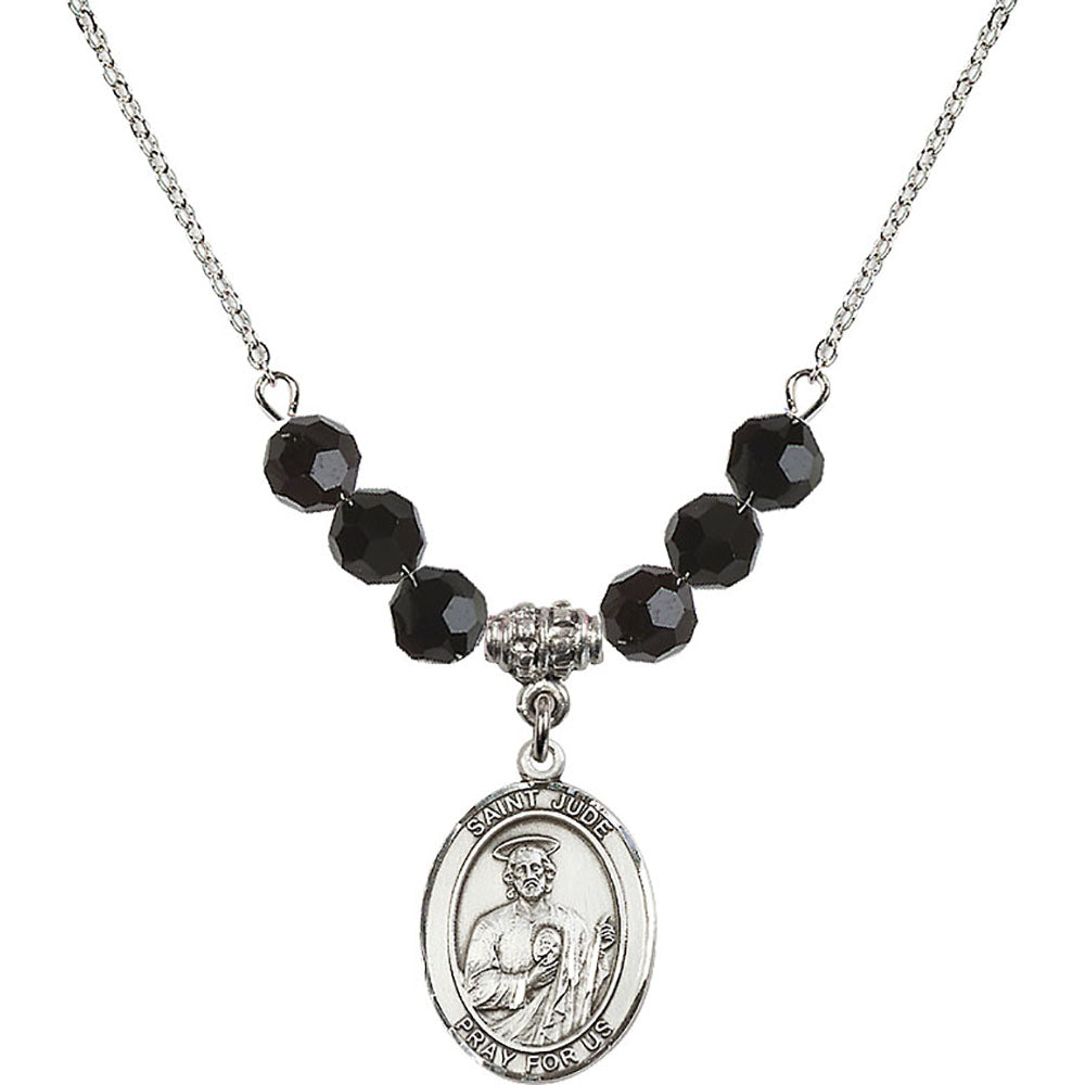 Sterling Silver Saint Jude Thaddeus Birthstone Necklace with Jet Beads - 8060