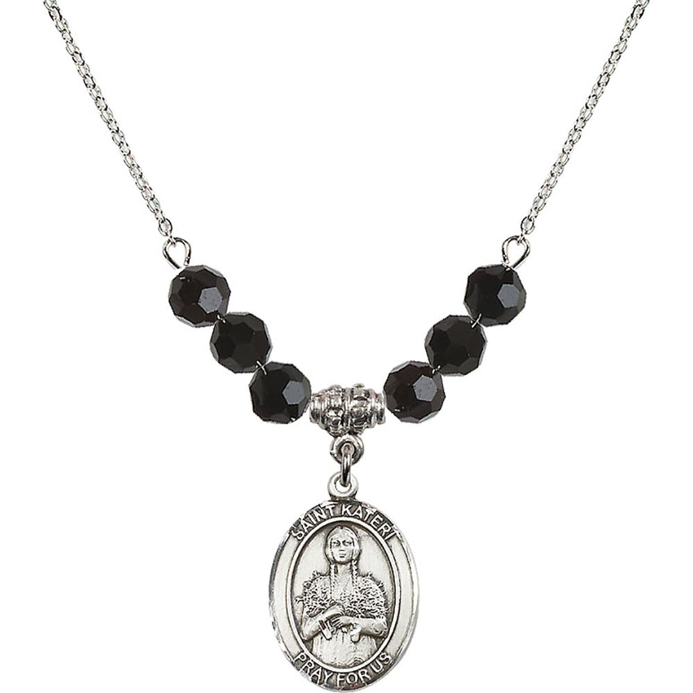 Sterling Silver Saint Kateri Tekakwitha Birthstone Necklace with Jet Beads - 8061