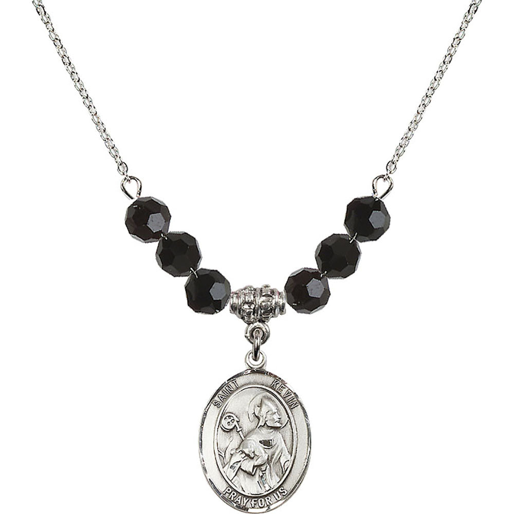 Sterling Silver Saint Kevin Birthstone Necklace with Jet Beads - 8062