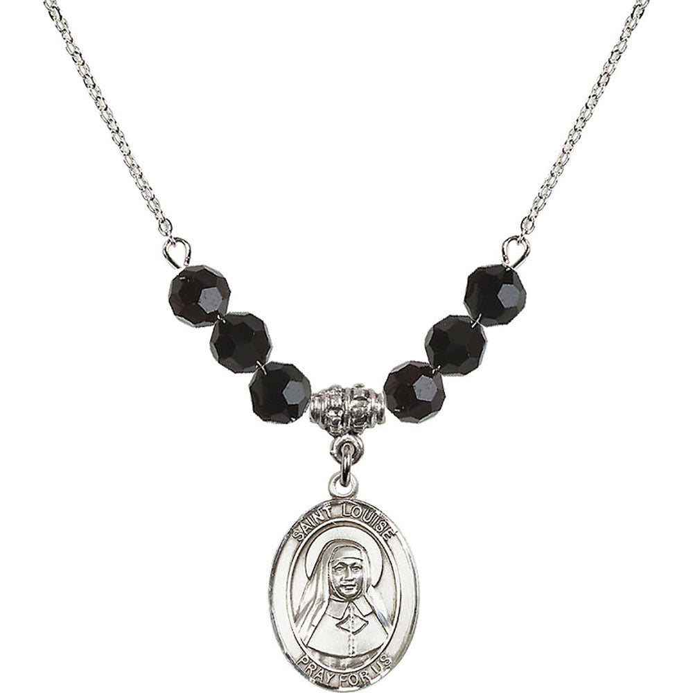 Sterling Silver Saint Louise de Marillac Birthstone Necklace with Jet Beads - 8064