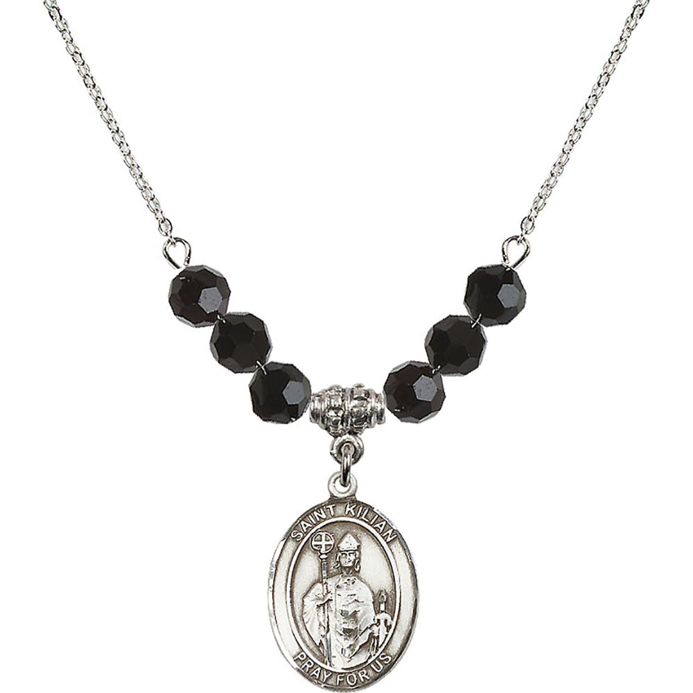 Sterling Silver Saint Kilian Birthstone Necklace with Jet Beads - 8067