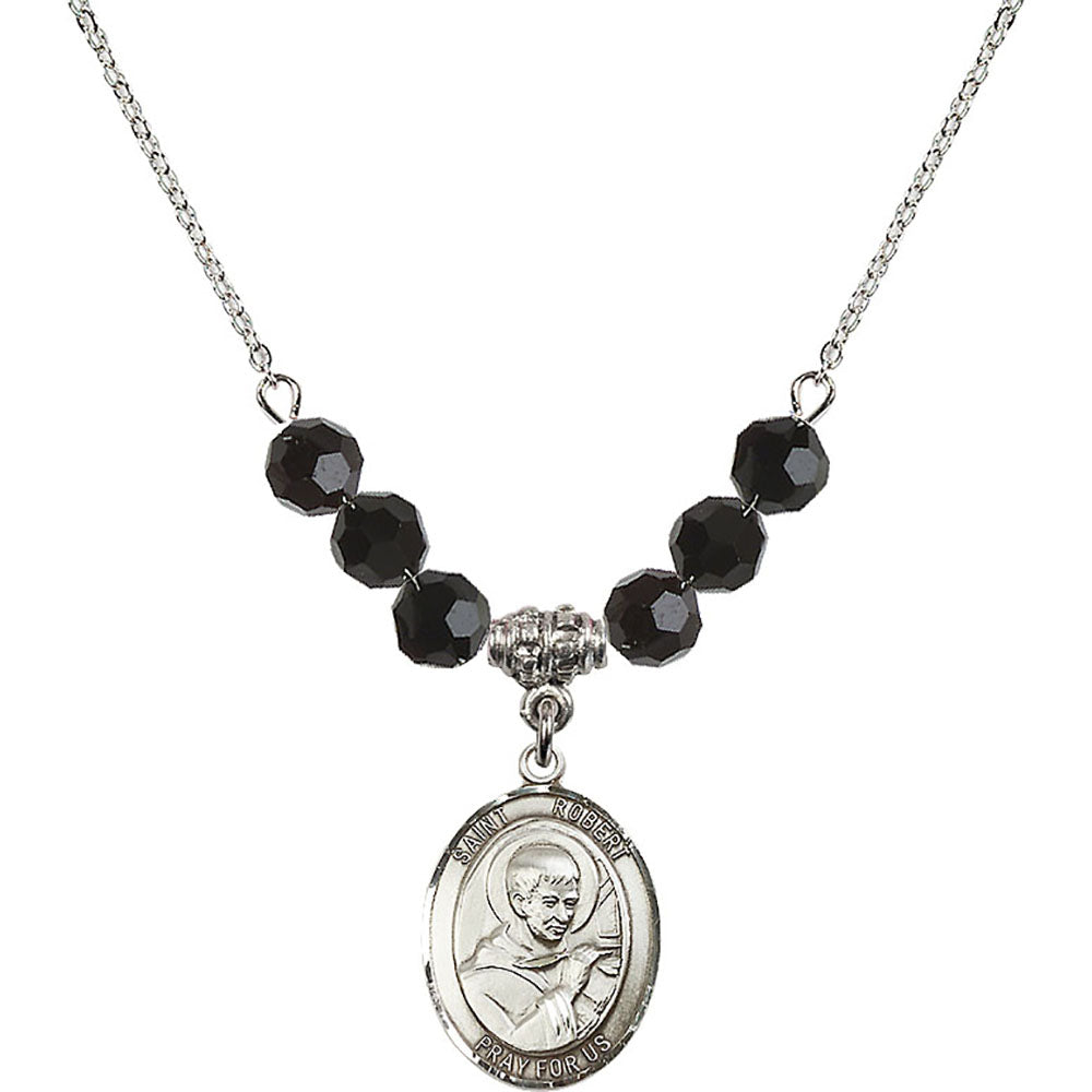 Sterling Silver Saint Robert Bellarmine Birthstone Necklace with Jet Beads - 8096