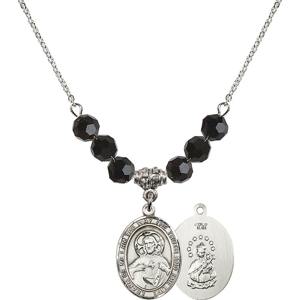 Sterling Silver Scapular Birthstone Necklace with Jet Beads - 8098