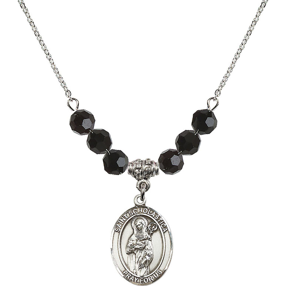Sterling Silver Saint Scholastica Birthstone Necklace with Jet Beads - 8099