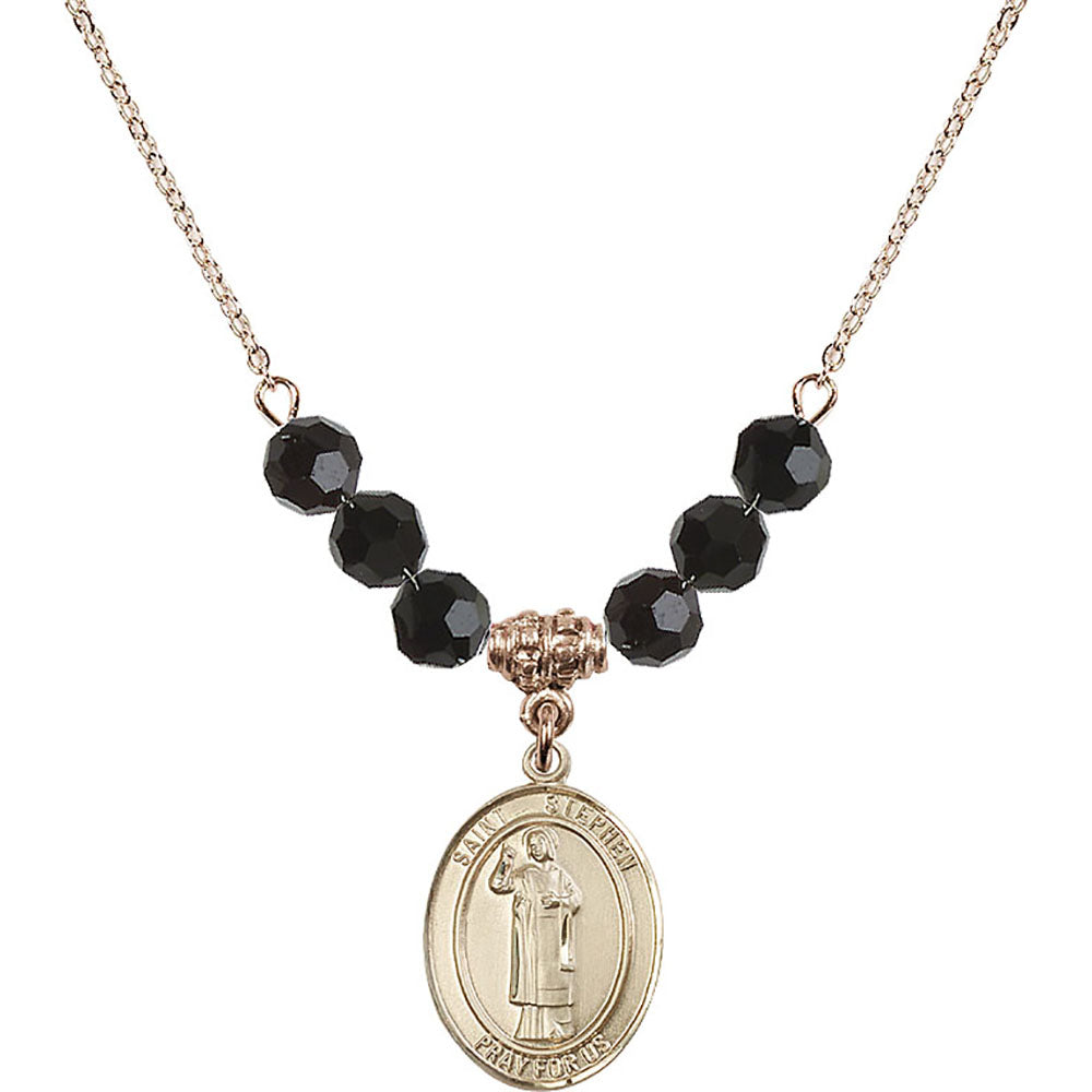14kt Gold Filled Saint Stephen the Martyr Birthstone Necklace with Jet Beads - 8104