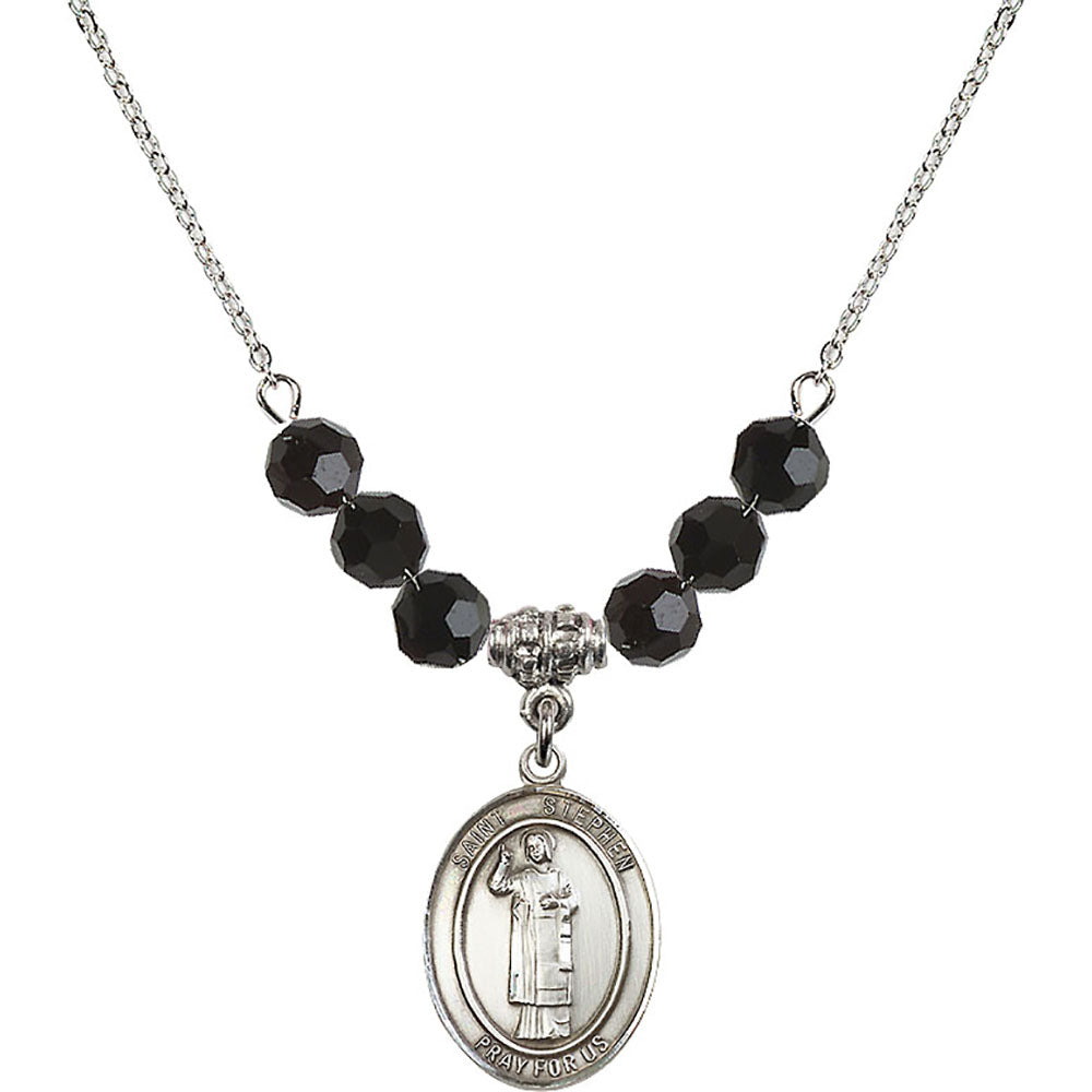 Sterling Silver Saint Stephen the Martyr Birthstone Necklace with Jet Beads - 8104